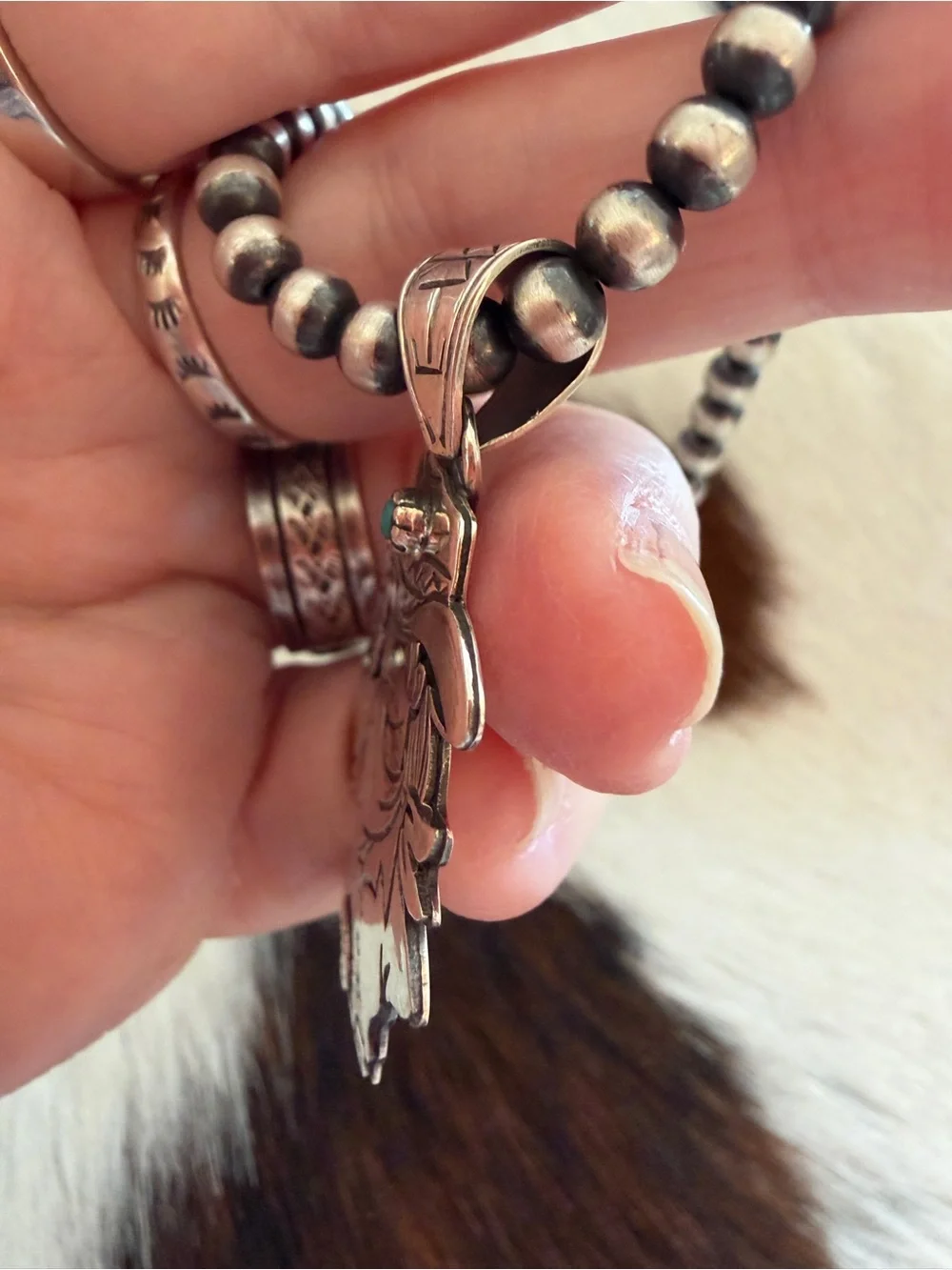 ❤️ Hand Stamped Sterling 925 Cowgirl Pendant w Turquoise Accent Decorative Bail